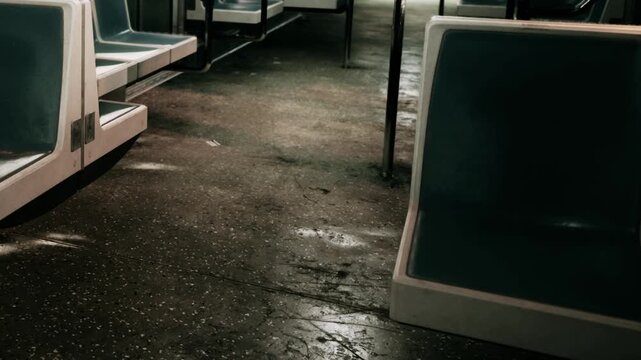 In a quiet subway car during early morning, vacant seats rest upon a reflective floor. Soft shadows dance across the space, highlighting the tranquility of the urban journey.