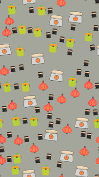 Seamless pattern of onions, kitchen scales, and containers