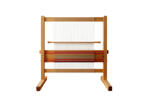 Wooden weaving loom with colorful threads creating textile on transparent background