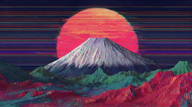 Vaporwave mountain with red big sun and pixel sorting effect