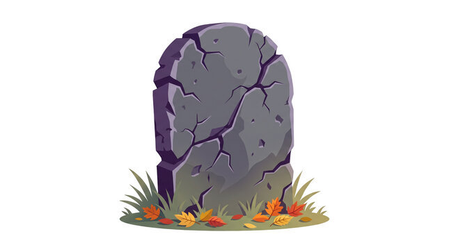 Cracked stone tombstone with autumn leaves isolated on transparent background