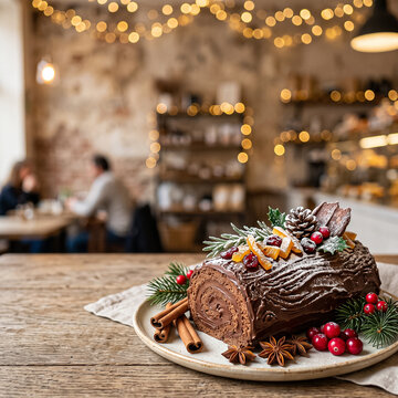 holiday christmas chocolate yule log cake with berry and cinnamon decor on plate on wooden table in cozy cafe interior with garlands and people silhouettes