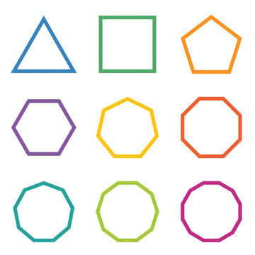 Set of colorful geometric polygon outline icons with various sides.