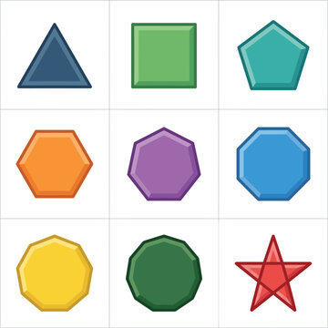 Set of Nine Colorful Geometric Polygon Shapes and Icons for Educational and Graphic Design Use