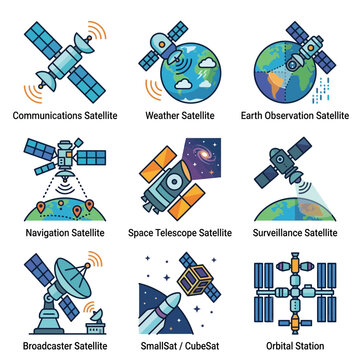 Set of satellite and orbital station vector icons for communication, weather, and global science.