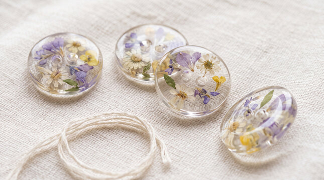 Clear Resin Sewing Buttons with Pressed Flowers on Linen