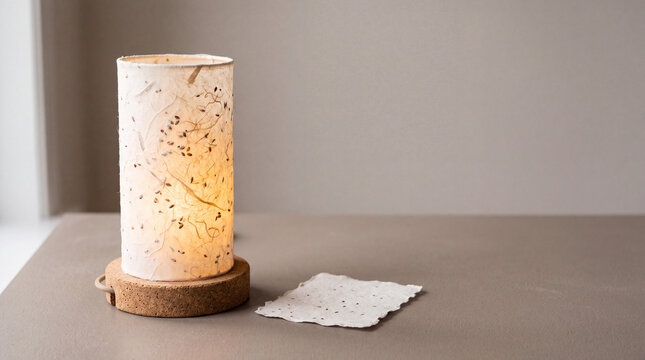 Glowing Handmade Paper Table Lamp on a Cork Base with Copy Space