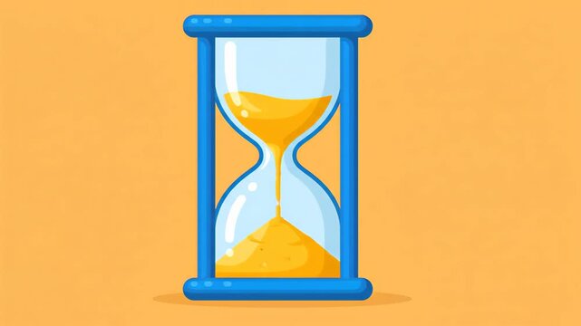 blue hourglass is centered against solid yellow background as sand flows steadily from the top glass bulb to the bottom symbolizing the continuous and inevitable passage of time