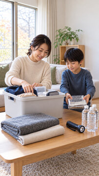 Mother and son organizing a winter emergency kit at home，冬の防災グッズを自宅で整理する母親と息子