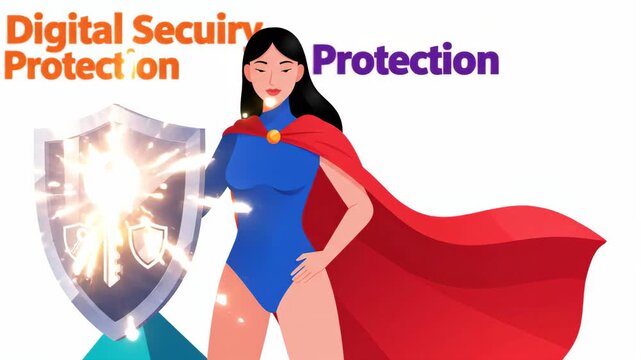 female superhero holding protective shield with key icon representing digital security and data protection against simple white background with colorful text headers