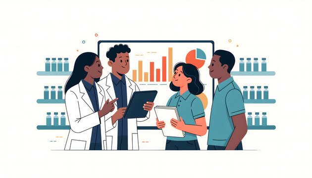 A diverse medical research team of four analyzing clinical data and pharmaceutical trends on a digital whiteboard in a modern laboratory setting