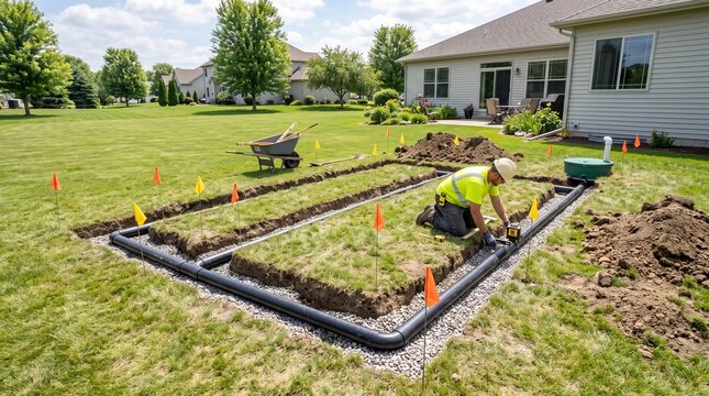 Professional installing new septic drain field drainage system in a green residential backyard