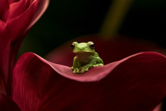 Tree frog resting on a flower petal