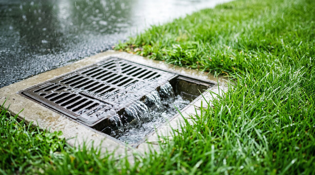 Rainwater flowing into a storm drain grate next to green grass and wet asphalt during heavy downpour