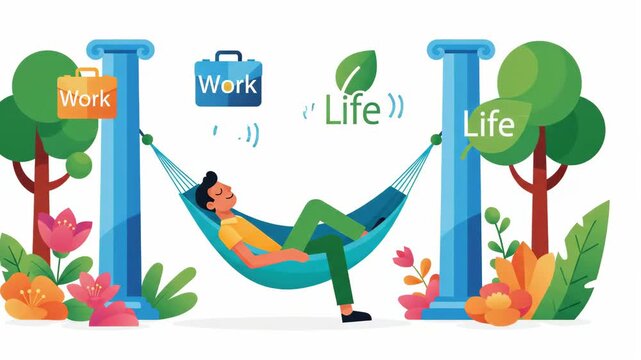 man relaxing in hammock between two pillars balancing work and life with stylized trees and colorful floral elements in the background illustrating the concept of work-life balance