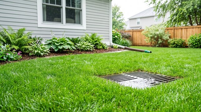 Residential Backyard Storm Drain Effectively Managing Excess Rainwater from a Downspout During a Shower