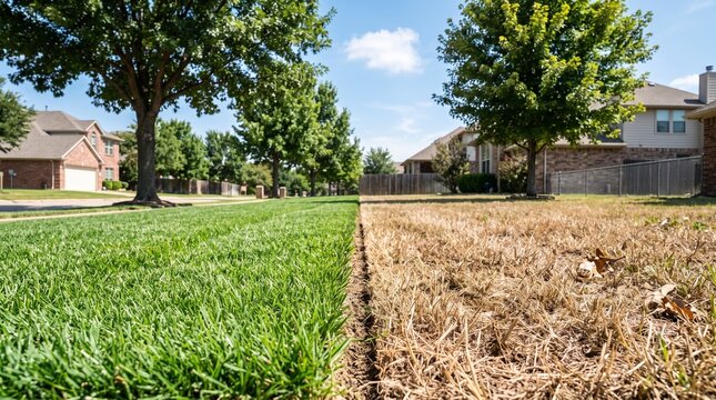 Sharp divide between flourishing green lawn and parched dry brown grass in suburban neighborhood