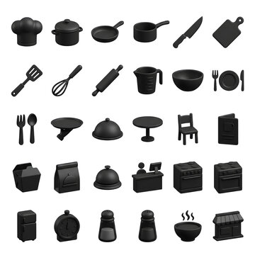 Gray monochrome silhouettes of various kitchen objects and appliances on a black background