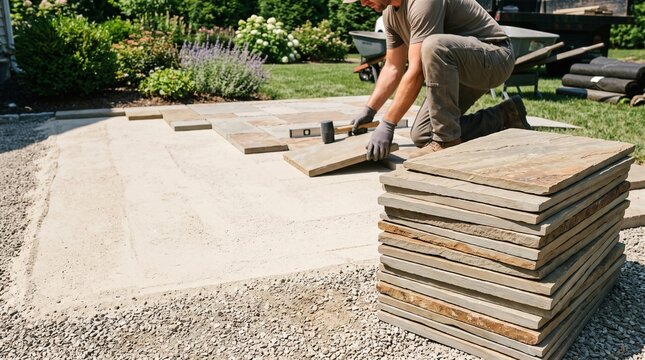 Skilled worker installing new patio pavers for outdoor living space improvement project