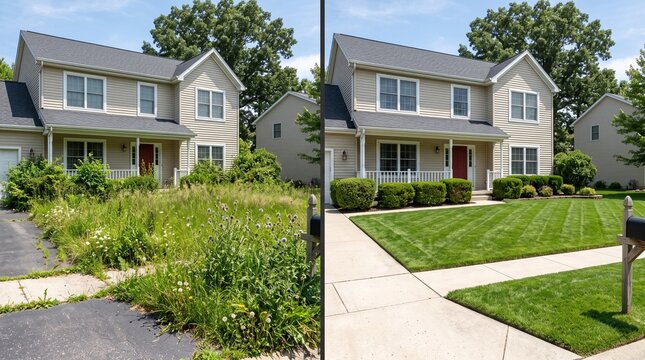 Suburban House Before and After Professional Landscaping Showcasing Property Transformation and Improved Curb Appeal