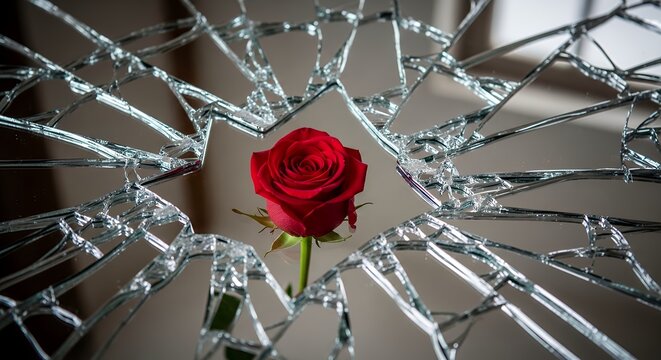 vibrant red rose emerging from shattered glass fragments, symbolic contrast of fragility and beauty in 3d realism