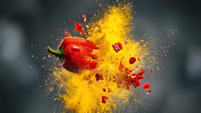 Red bell pepper exploding in a cloud of yellow spice powder against dark background