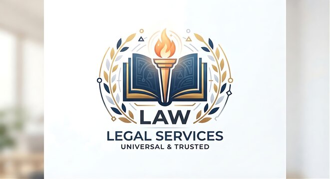 Legal and law services logo design symbolizing justice and trust, featuring an open book combined with a torch for corporate branding and commercial use