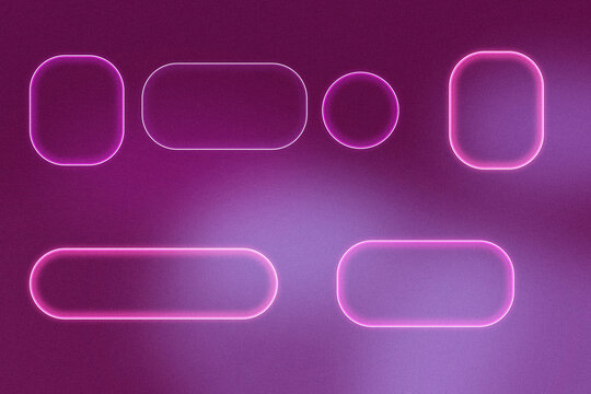 Hollow rounded rectangles and circles emit pink neon outlines over a dark purple haze, creating a futuristic UI atmosphere for app concepts and signage.