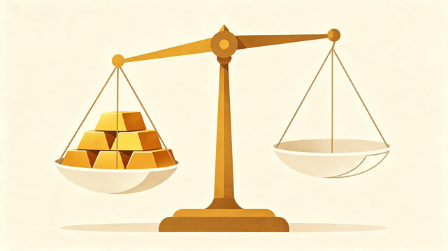 A golden balance scale tilting under the weight of several gold bars in one pan, representing wealth, value, and economic imbalance.