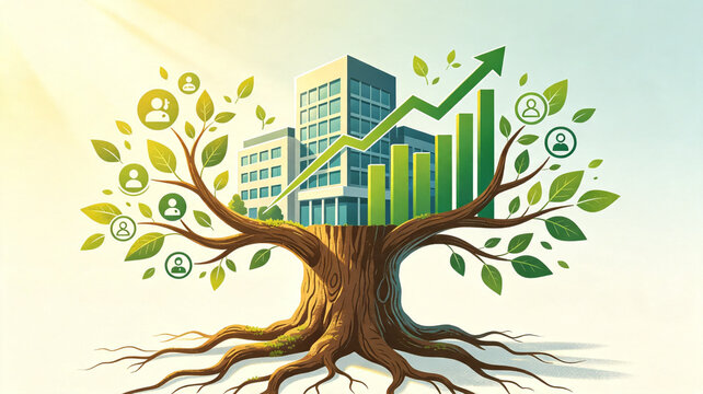 A conceptual illustration of a large tree supporting modern buildings, growth charts, and social icons, symbolizing sustainable business growth.