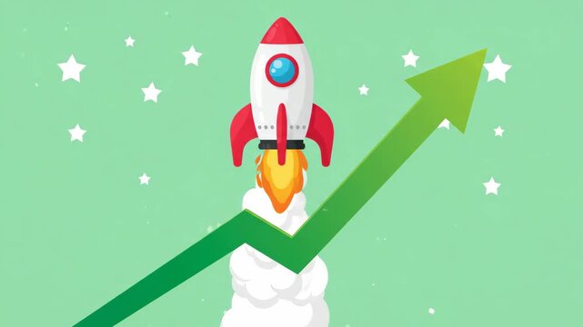 rocket launching upward alongside growing green arrow representing success and business growth against minimalist light green background adorned with stylized white stars and fluffy clouds