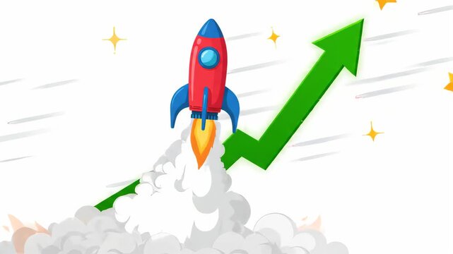 cartoon rocket launching upwards with trailing green growth arrow and fire exhaust against white background filled with golden stars representing business success and rapid startup progress