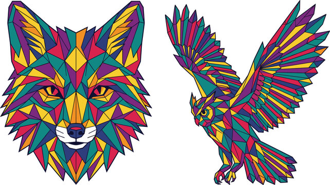 Colorful geometric low poly fox and flying owl vector illustrations set for modern animal designs