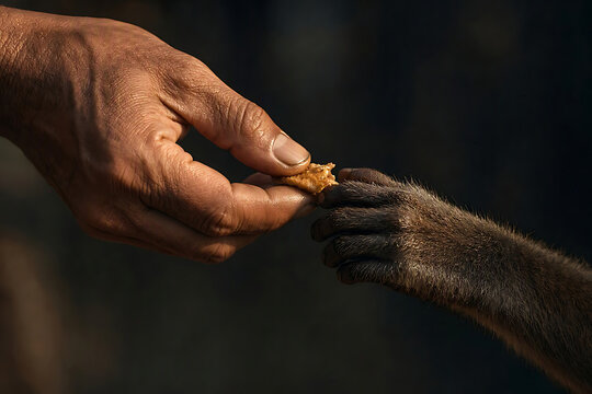 A compassionate human hand extends a treat to a curious monkey's paw in a moment of interspecies connection, capturing the delicate balance between nature and humanity