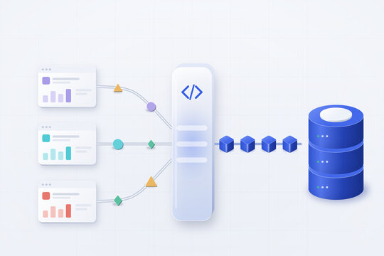 API data pipeline concept with dashboards feeding code gateway and data blocks into a database, 3D illustration