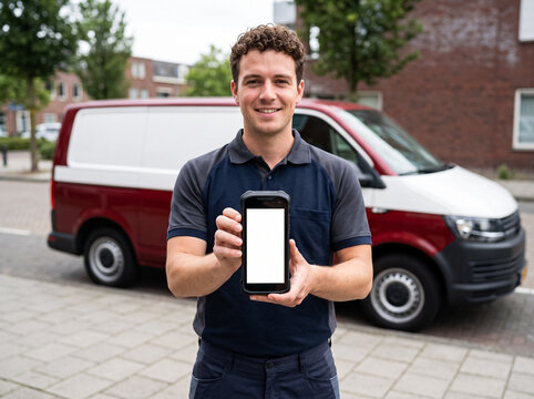 smiling male courier in a dark blue polo shirt holds a portable scanner with a blank white screen against a red and white van background