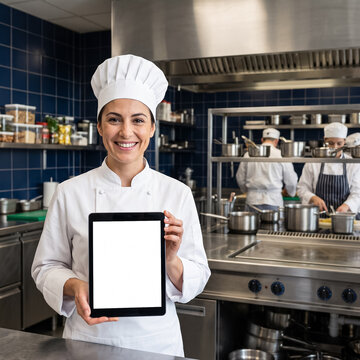 smiling female chef in a white jacket holding a tablet with a blank white screen in kitchen