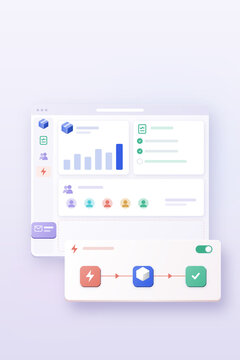 SaaS automation concept with app dashboard and trigger to action workflow with checkmark, 3D illustration