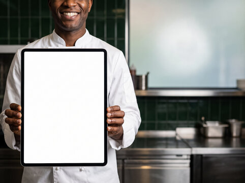 smiling african american chef holding a vertical tablet with a blank white screen