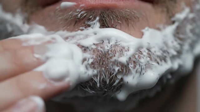 Close-up of a man's face with shaving foam and stubble