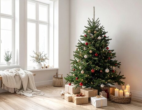 明るいリビングに飾られたクリスマスツリーと赤いリボンのプレゼント、キャンドルや木製家具を配置した冬のクリスマスインテリアとホリデーシーズンの背景