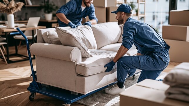 Professional movers lift a sofa in a modern apartment during furniture delivery and relocation work Generative AI