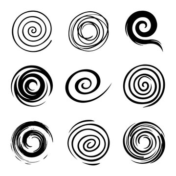 Black Ink Spiral and Swirl Abstract Vector Elements Set