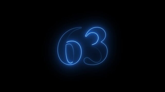 neon dynamic 63 number text icon animation educational mathematics text icon animation on black background.