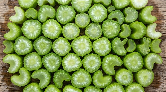 Macro of fresh celery cross-sections creating a repeating natural geometric vegetable pattern