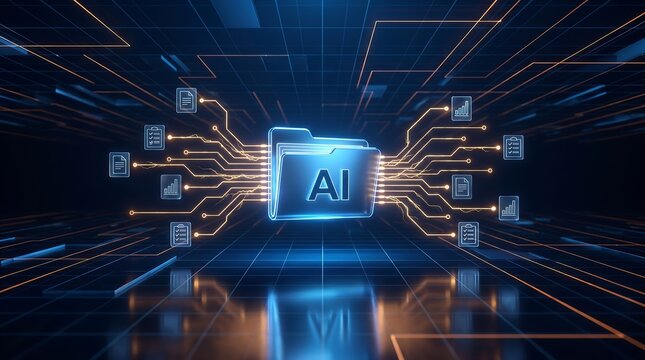 Central folder icon surrounded by multiple document symbols and branching data paths representing automated information distribution and artificial intelligence networking architecture