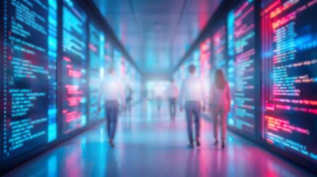 Blurred view of professionals walking through a high-tech server corridor with glowing code and data analytics screens representing enterprise software development and infrastructure
