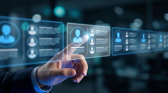 Professional hand interacting with a floating digital recruitment dashboard displaying employee profile cards for talent management and human resources data analysis