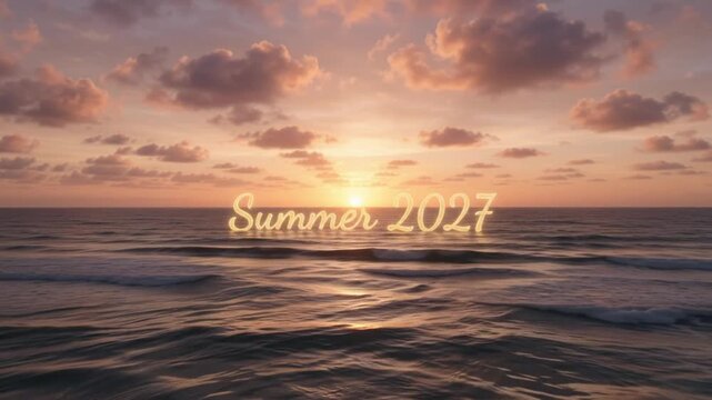 Glowing Summer 2027 Script Typography on Tranquil Sunset Ocean Horizon for Future Travel and Vacation Promotion