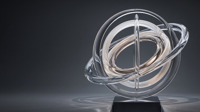 Abstract crystal and glass armillary sphere sculpture showcasing complex concentric rotating geometric rings